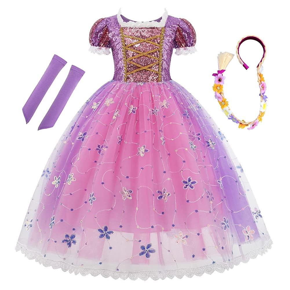 FMYFWY Dziewczyny Księżniczka Sofia Sukienka Karnawał Kostiumy Dzieci Boże Narodzenie Halloween Cosplay Urodziny Ceremonia Ślub Chrzest Suknie z Rapunzel peruka 2-3