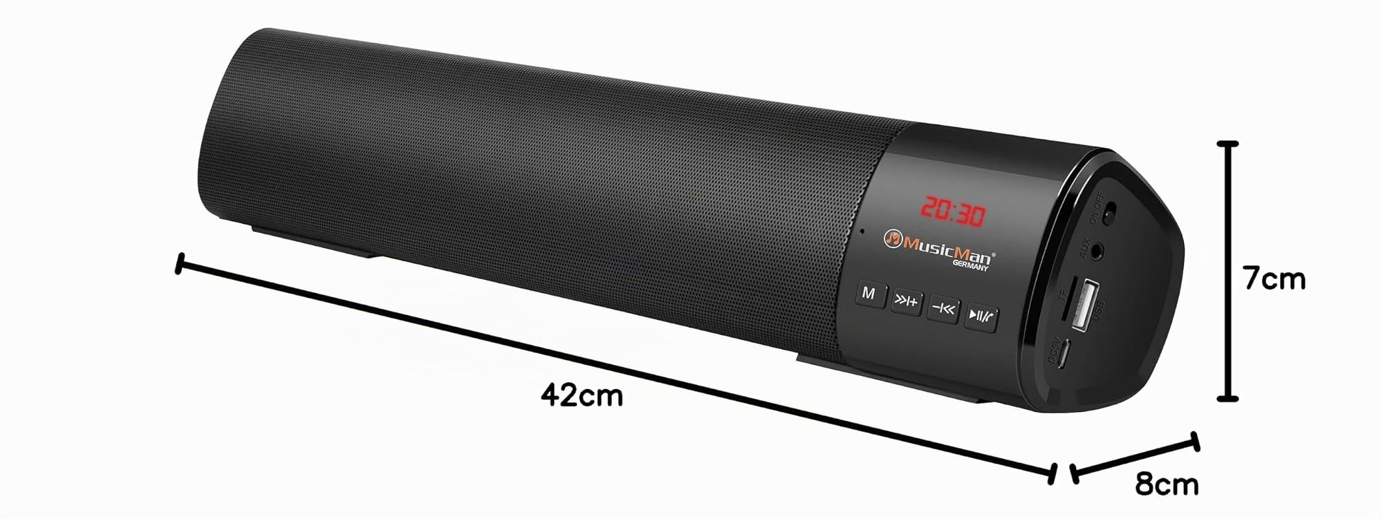 MusicMan Bluetooth FM Soundbar Scheda MicroSD USB AUX Display LCD LED Streaming musicale Potente altoparlante Batteria integrata BT-X54