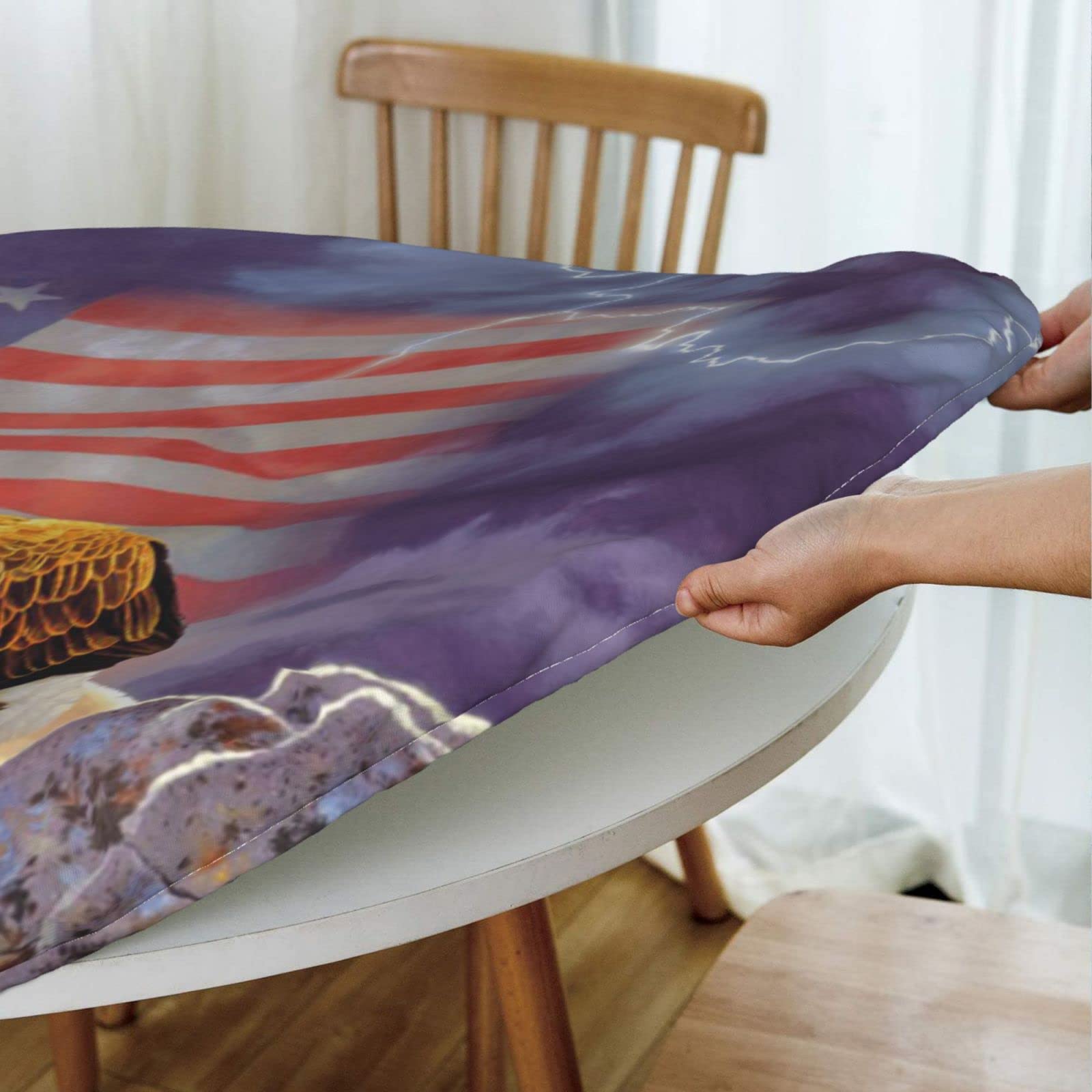 Runde Tischdecke Mit Amerikanischem Sternenmuster – Elastisch, Wasserdicht (Größe M, ~138 Cm)