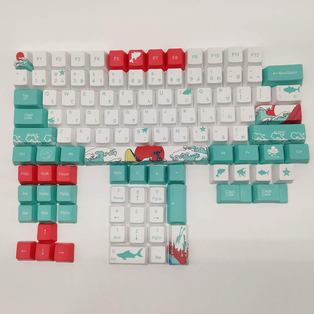 Japanese Style Coral Sea Design Blue White Red Keycaps for Cherry MX Switch Mechanical Keyboard Japanese Language OEM PBT Keycap