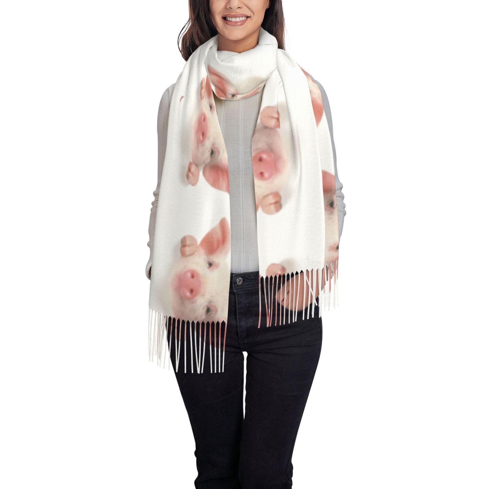 Zcmkjlg Cute Pig Printing Autumn Tassel Scarf, Horizontal Cashmere Like Tassel Scarf For Daily Wear,Fits Coats Sweaters