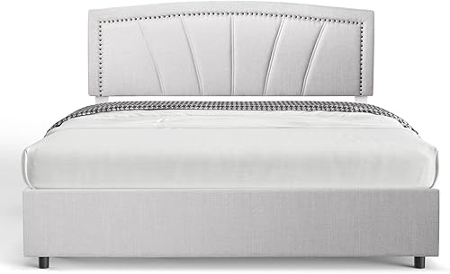 Miniatura 13 de BONSOIR Base de cama de almacenamiento tapizada de perfil bajo tradicional con cabecera copetuda y clavos, no necesita somier, 4 cajones