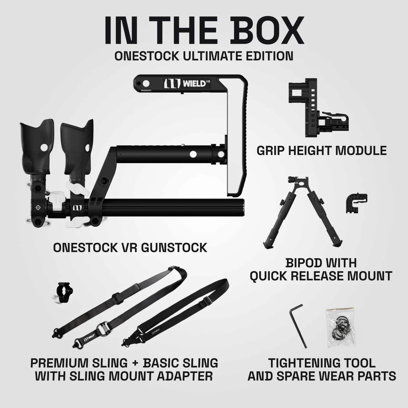 WIELD VR Gun Stock for Quest 2, 3, 3S, Pro & with Silicone Grips - OneStock Ultimate Edition - with Full Featured Accessories - VR Accessory for Shooting Games - Made in Finland