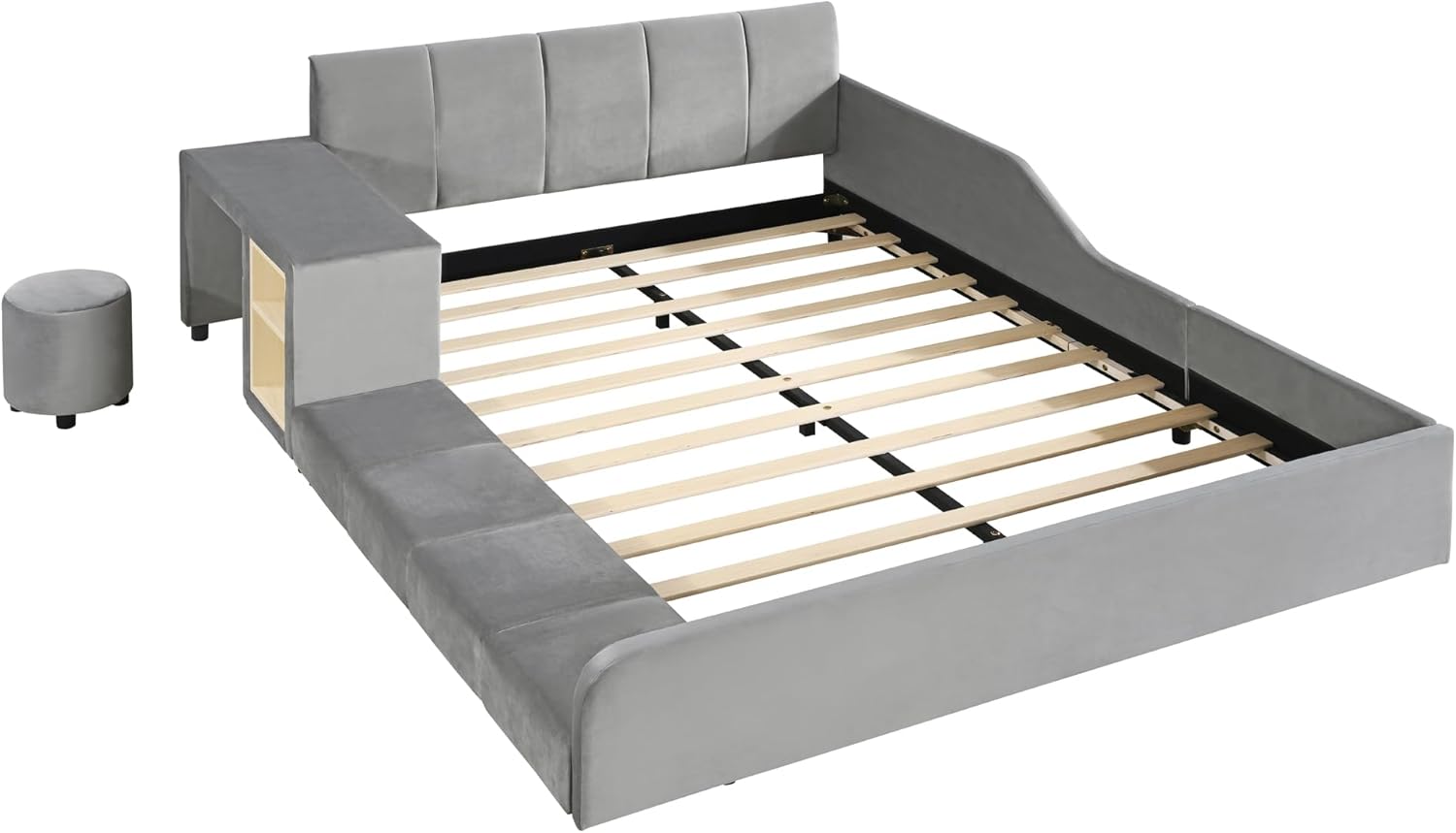 KLMM Full Size Upholstered Grounded Bed,Mother & Child Bed with Bedside Desk and Little Round Stool,for Kids Boys Girls Bedroom Use (Gray@Desk/, Full)