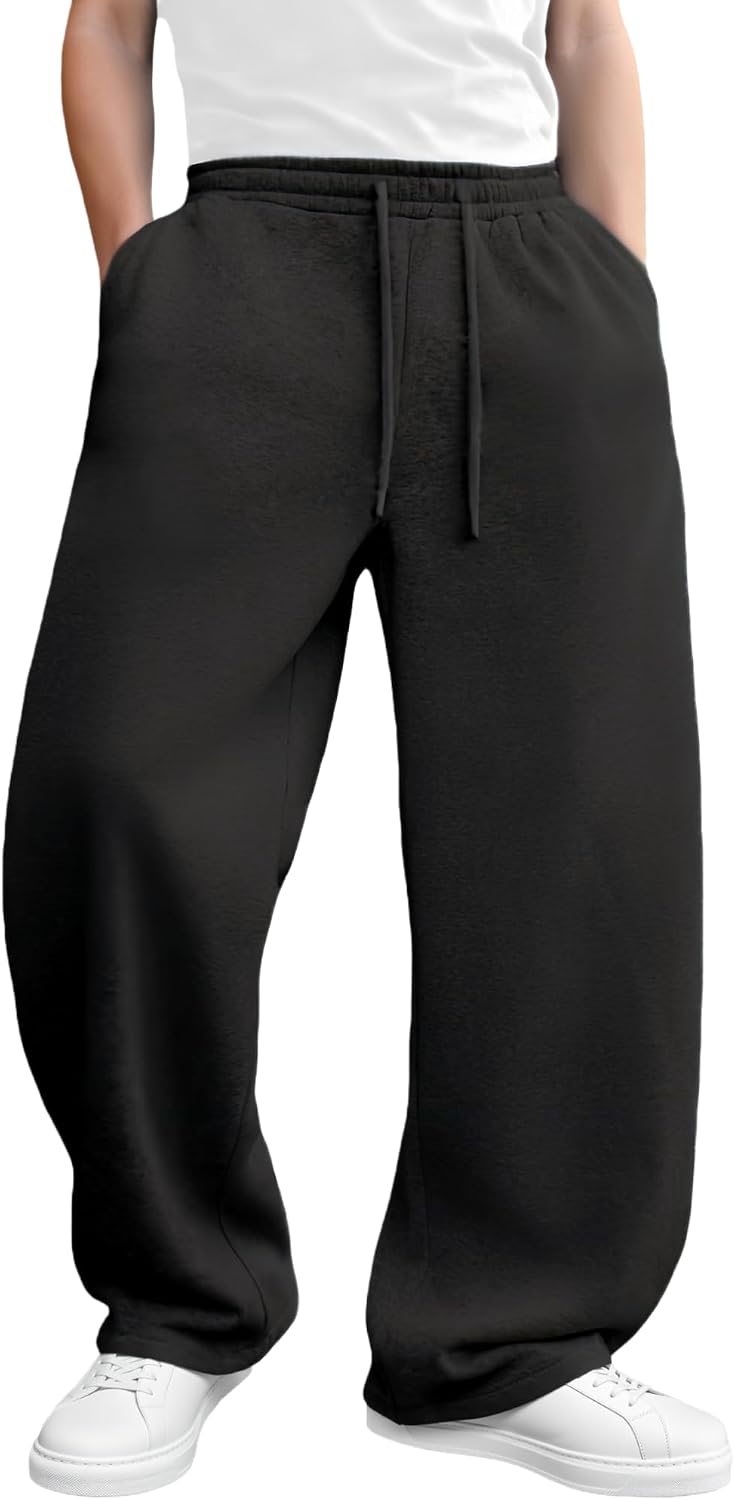 Men’s Baggy Sweatpants Wide-Leg, Elastic Drawstring Waist Casual Lounge Joggers with Deep Pockets and Cozy Fleece