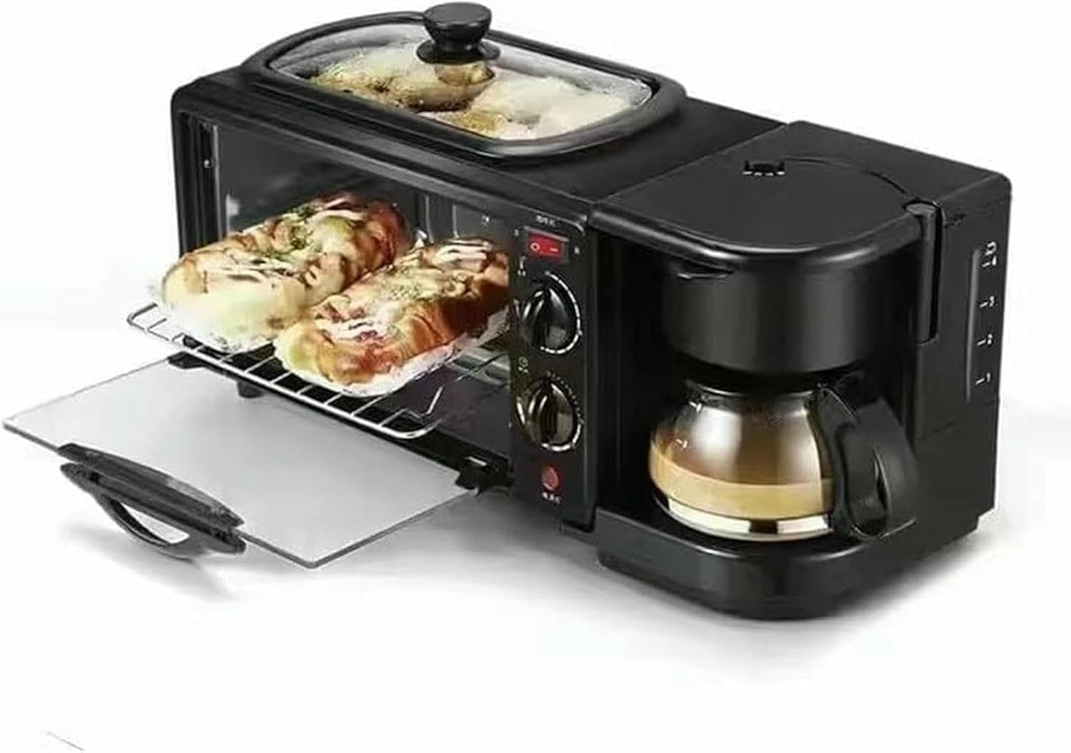 3-in-1 Breakfast Station - with Timer - Toasters Ovens with Frying Pan - Versatile Breakfast Maker for Bread Egg Sandwich Bacon Sausages