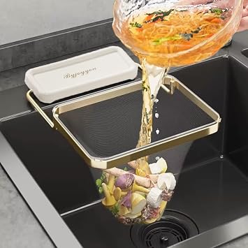Sink Drain Rack with Strainer, Foldable Food Catcher for Kitchen, Corner Basket Garbage Disposal Strainer Side, with 100pcs Disposable Mesh Bags.