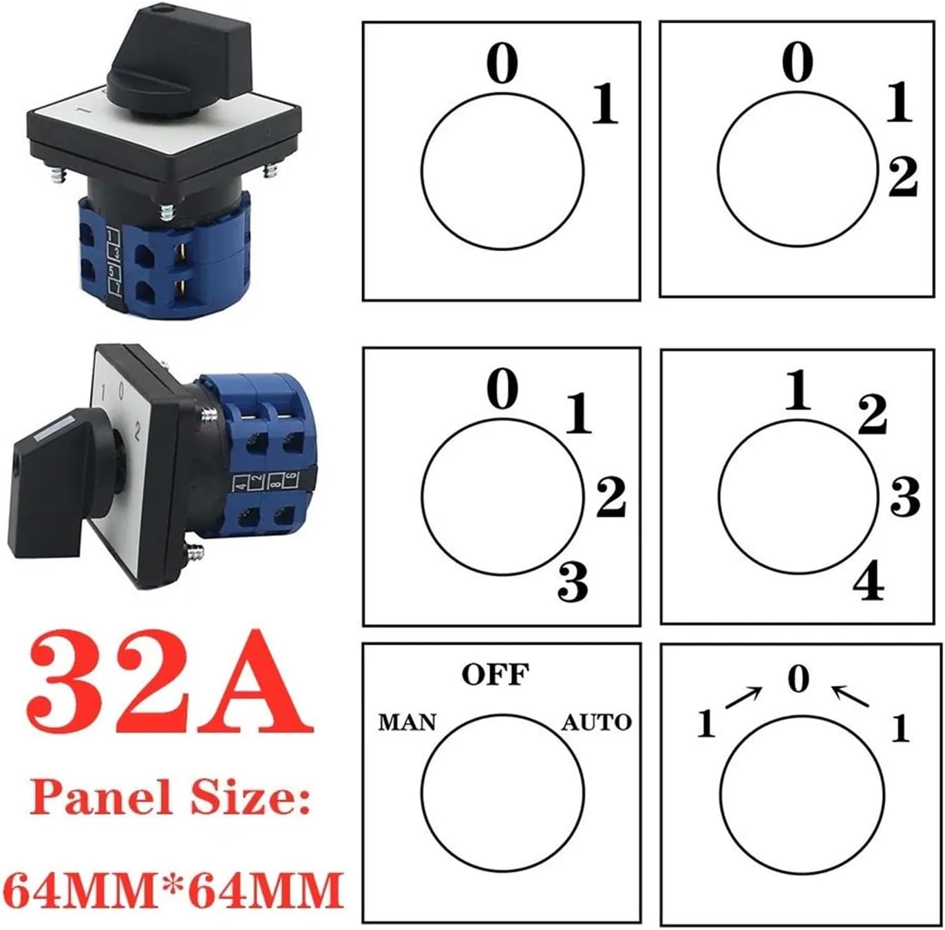LW28-32 32A Cam Switches Rotary Switch Changeover Control Switch Panel Mounted for Electrician Using Tools(0-1-2-3-4-5-6,8P-32 terminals)