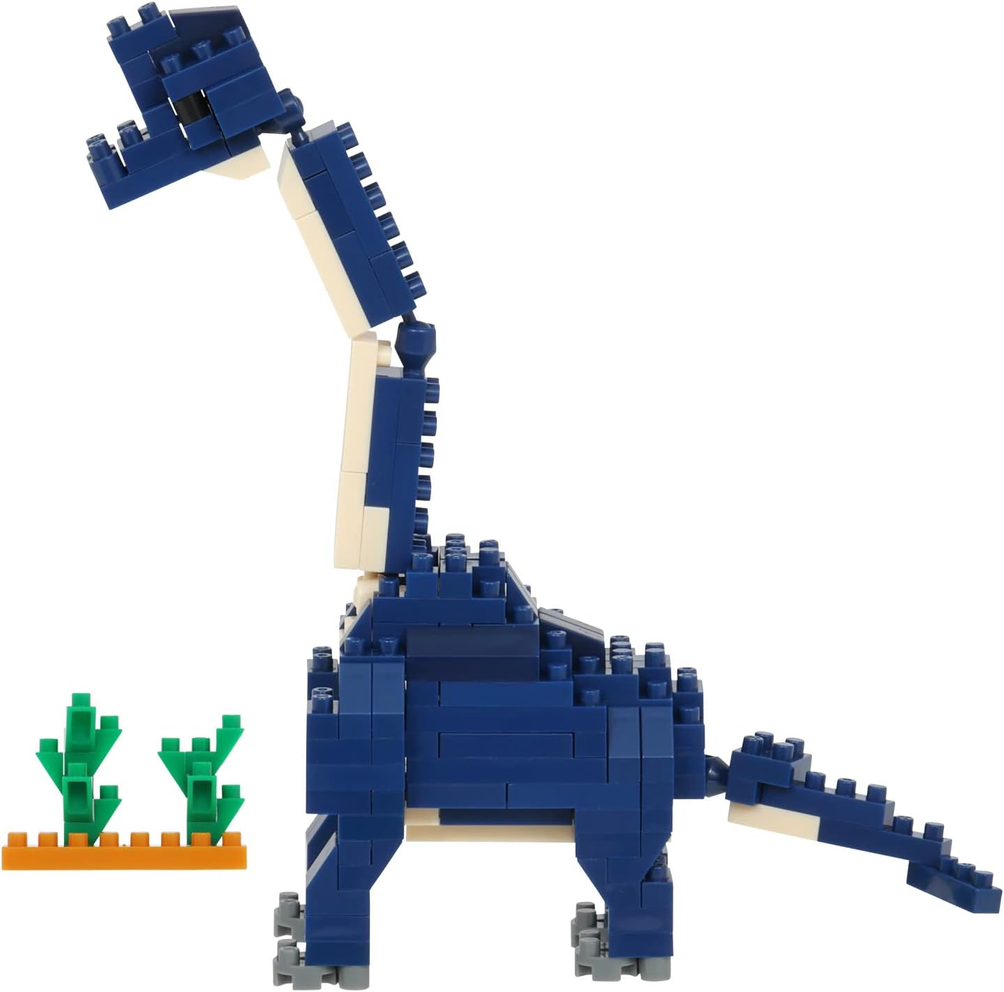 Side view of nanoblock Brachiosaurus model with small green plants