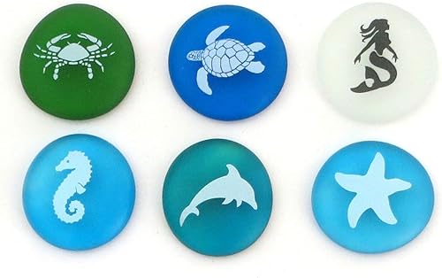 Lifeforce Glass El mensaje de la sirena vida marina, piedras de cristal de mar esmeriladas, seis imágenes de criaturas marinas reales e imaginadas