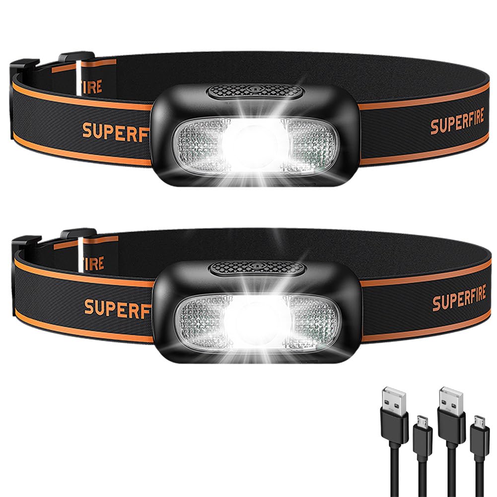 SuperFire 2 Pack Head Torch Rechargeable, 2000 Lumens Waterproof Lightweight Headlamps, 6 Lighting Modes with Long Runtime, Hands-Free LED for Camping, Hiking, Cycling, Fishing