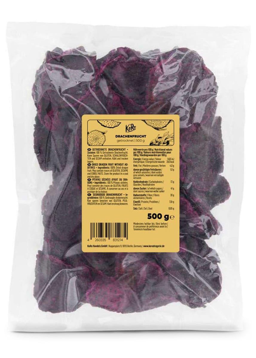 KoRo - Pitaya essiccata 500 g - Frutto del drago essiccato, senza zucchero, frutta esotica disidratata, snack senza conservanti, 100% naturale