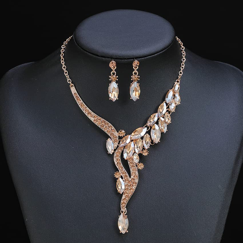 Women's Toned Crystal Necklace Set with Earrings, Gift