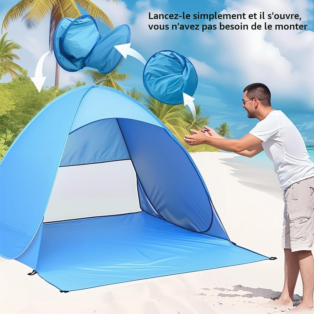 Tente de plage XXL Pop Up avec protection UV 50+, tente de plage solaire 3 à 5 personnes, grande tente de plage pop-up 200 x 165 x 130 cm