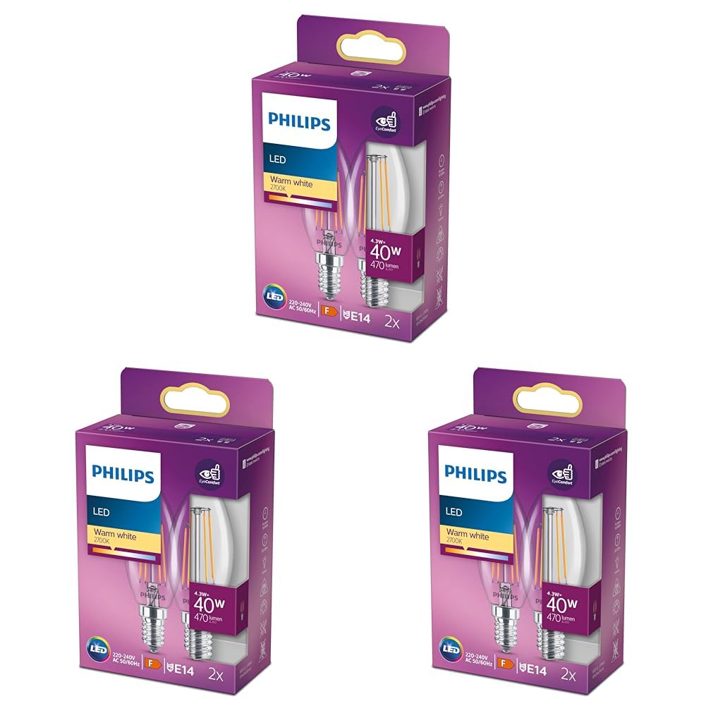 Philips LED Classic 40W B35 Led Mum Filament Ampul, 2700K Sarı Işık, E14 İnce Duy, Dim Edilmez, 2'li Ekopaket 3lü paket