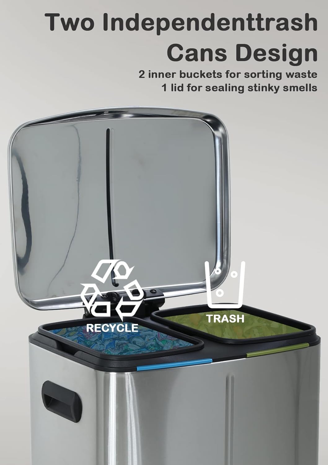 10 Gallon Dual Trash Can for Recycling and Trash, Stainless Steel Recycle Trash Can with 2 x 5 Gallon (40 L) Removable Inner Buckets, Pedal Recycling Bin for Kitchen, Soft Closure