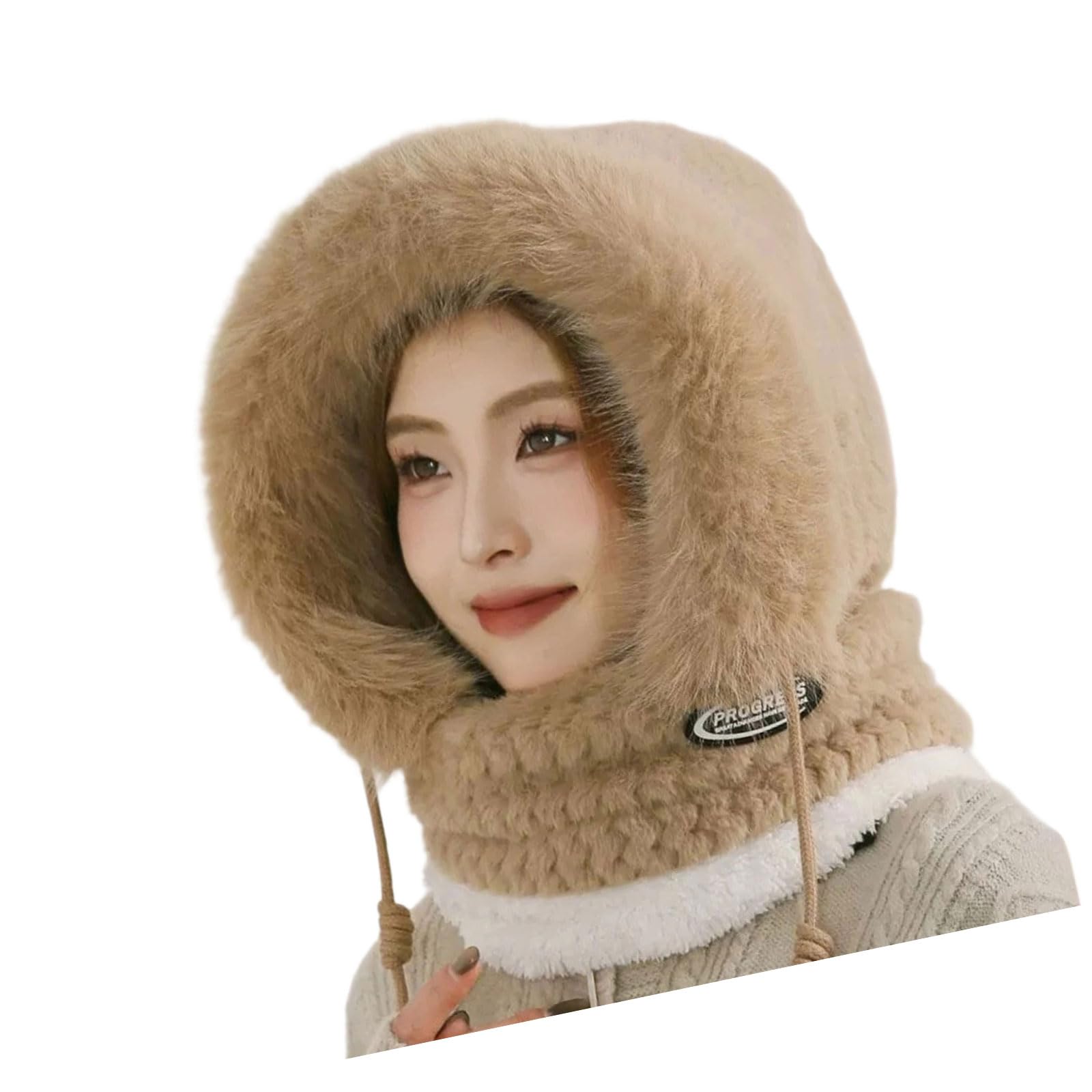 Obotsnoi Unisex Khaki Thickened Thermal Face Covering Pullover Hat With Integrated Scarf Face Cover For Cold Weather Winter Windproof Headwear Windproof Thermal Earflap Hat