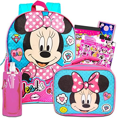 Disney Studio Disney Minnie Mouse Backpack with Lunch Box for Girls - 5 Pc Bundle With Large 16 Minnie Mouse Bag, Insulated Lunch Bag, Stickers, and More (Minnie School Supplies)