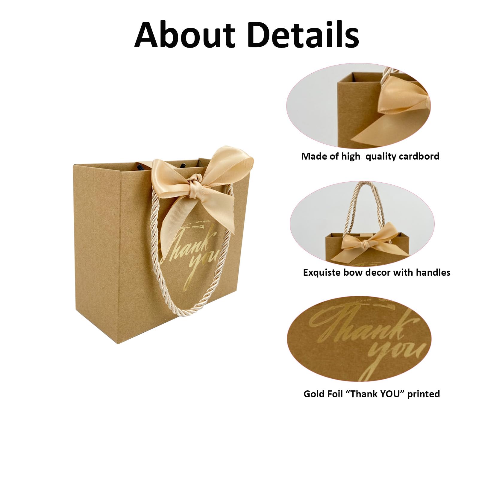 TKSBAG 50 sztuk 14 x 6 x 11 cm małe torby na prezenty, małe torebki na prezenty z podziękowaniami, z uchwytami, brązowe mini torby do pakowania prezentów na wakacje, ślub, baby shower, urodziny,