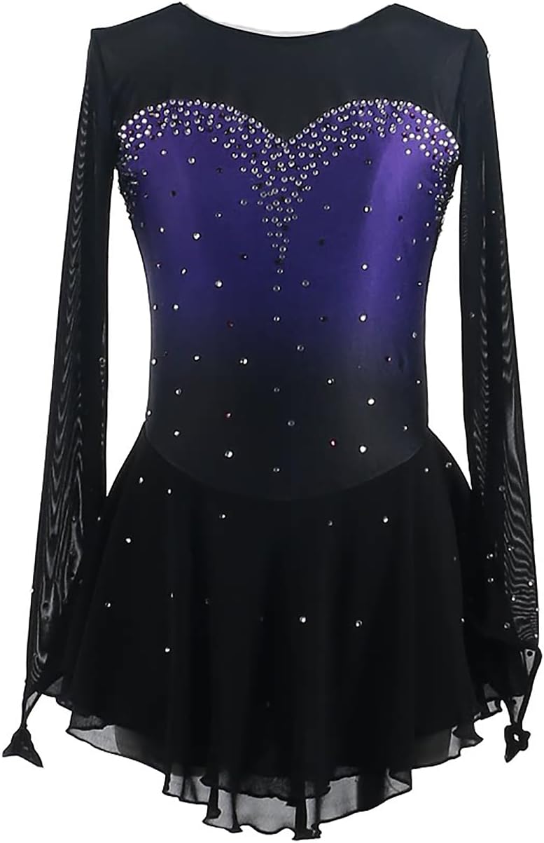 Figure Skating Dress for Womens Long Sleeve Purple Competition Elegant Handmade Performance Costume