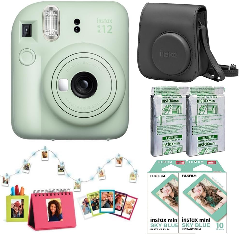 Fujifilm Instax Mini 12 Instant Camera Accessory Kit (Mint Green) with Instax Mini Sky Blue Film (2 Pack), Instax Mini Film - Foil Pack (2 Pack), Instax Mini Accessory Kit & Case