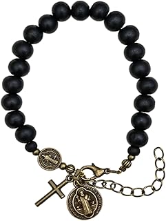 Rosary Cross Bracelet for Women Catholic Saint Benedict Bracelet Catholic Religious Cross Rosary Bracelet Black Wood Beaded Bracelet for Men Jewelry