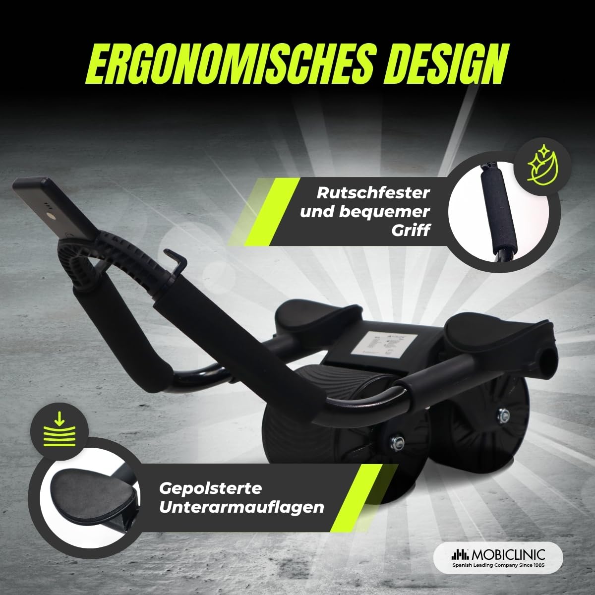 Mobiclinic®, Bauchroller mit rückholfeder, Ab roller, Ellbogenstütze, Digitaler timer, Antirutschmatte, Doppelrad, Handyhalter, Ra-02, Home gym, Fitness
