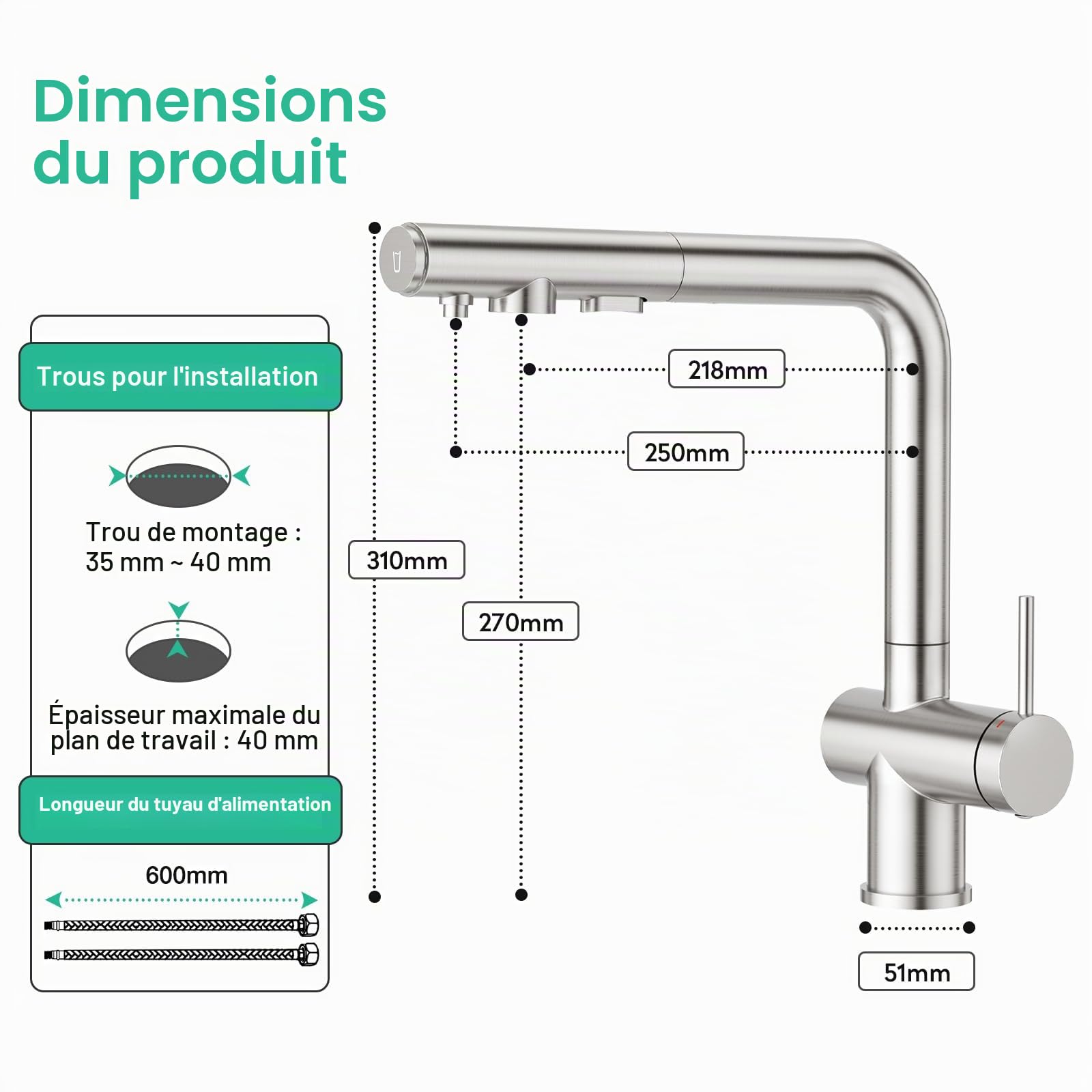 Faustina Robinet de cuisine 3 voies avec douchette extensible, mitigeur monocommande Robinet d'évier Robinet d'eau potable Cuisine pour osmose inverse et filtre à eau en acier inoxydable brossé
