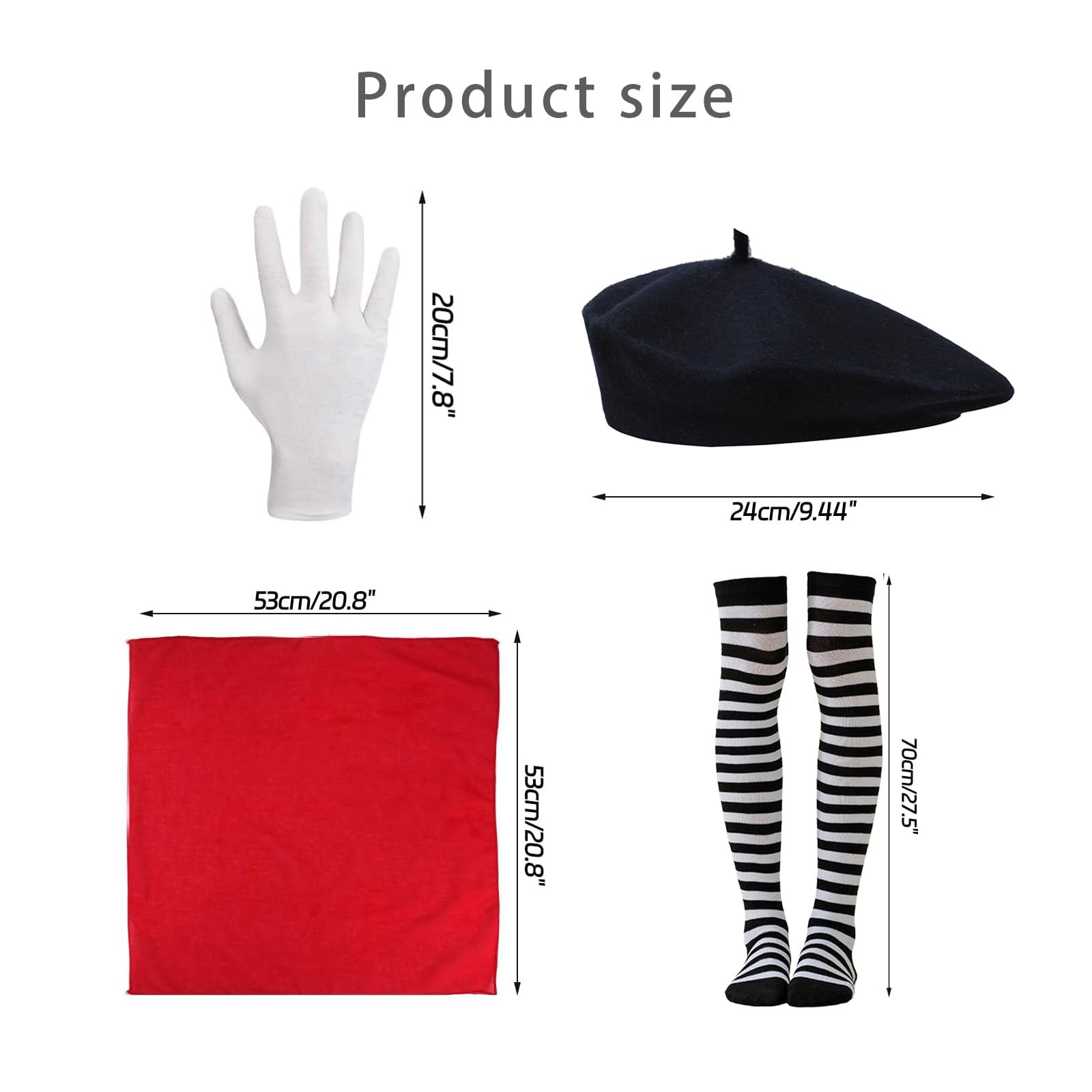 Pantomime Clothing Fashion Beret Retro Casual Round Hat Striped Knee Socks White Cotton Gloves Red Silk Scarf Small Square Neckerchief Cosplay Carnival Costumes Masquerad Pack of 4 - Image 3