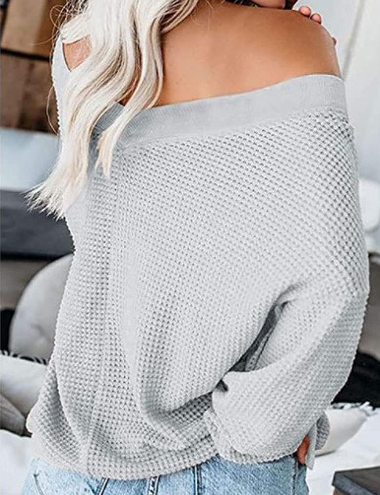 Tobrief Women's V Neck Long Sleeve Waffle Knit Tops Off Shoulder Oversized Pullover Sweater - Image 2