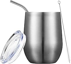 ONEB Stainless Steel Wine Tumbler with Lid, 12 OZ | Double Wall Vacuum Insulated Travel Tumbler Cup for Coffee, Wine, Cocktails, Ice Cream Cup With Lid (Silver, 12OZ-1pack-1)