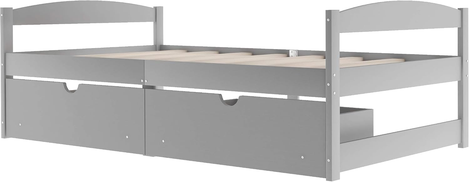 Twin Bed with Trundle for Bedroom, Platform Wood Bed Twin, No Box Spring Required, Wood Bed Frame Storage, Gray with Drawers