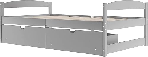 Miniatura 5 de Cama de plataforma de tamaño individual con 2 cajones de almacenamiento debajo de la cama sofá cama de madera maciza sin cabecero para niños