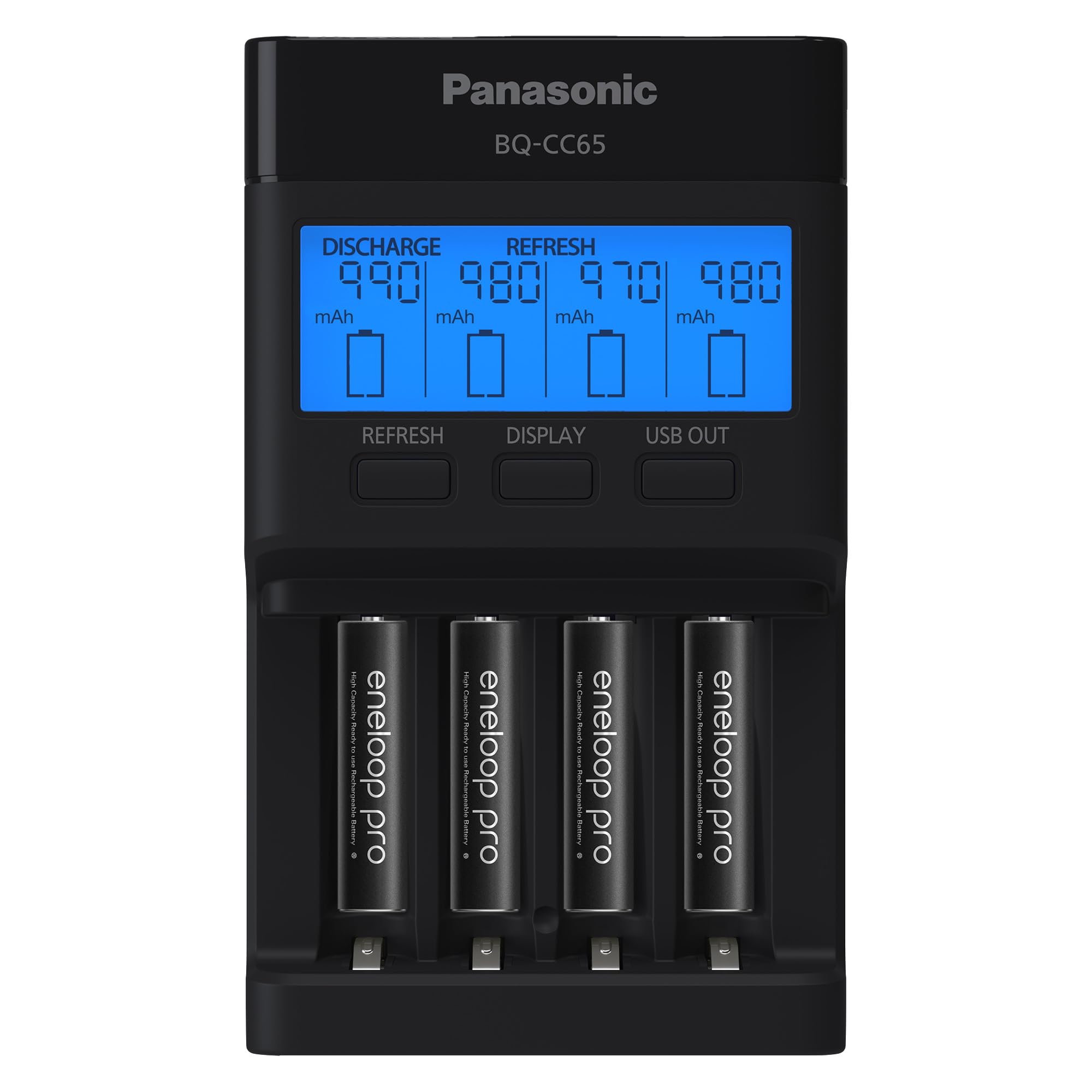 K-KJ65K3A4BA Super Advanced 4-Position Quick Charger with LCD Indicator Panel, USB Charging Port and 4AAA eneloop pro Rechargeable Batteries, Black