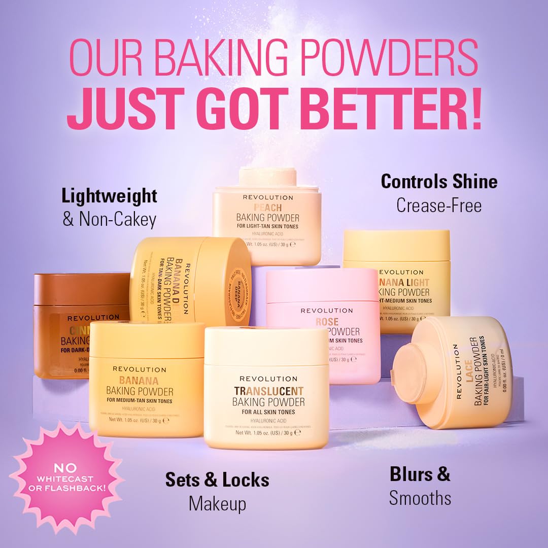 Makeup Revolution Loose Baking Powder Banana | Brightening Yellow Setting Powder for Indian Skin | Long-Lasting Oil-Free Matte Finish | Crease-Free & Flashback-Free Formula | 10g 1