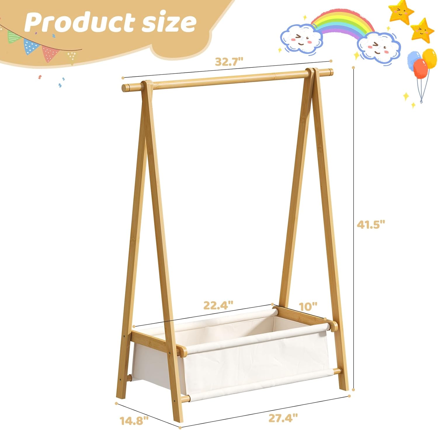 Dress Up Rack - Clothing Rack with Storage Box, Dress Up Storage, Small Foldable Bamboo Garment Stand with Hanging Rods, Dress Up Holder