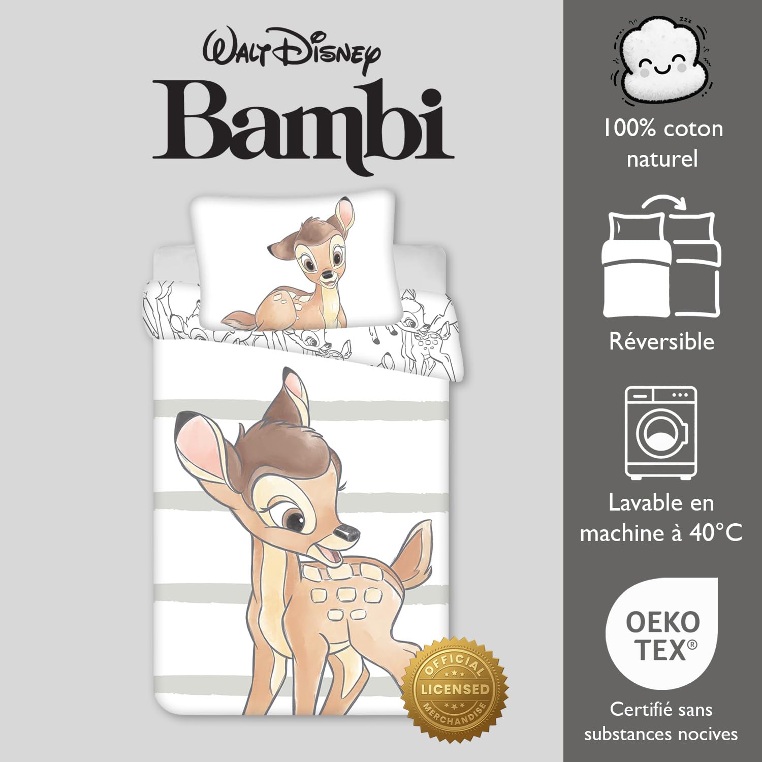 Disney Bambi Parure de lit pour bébé 100 x 135 cm + 40 x 60 cm en Coton