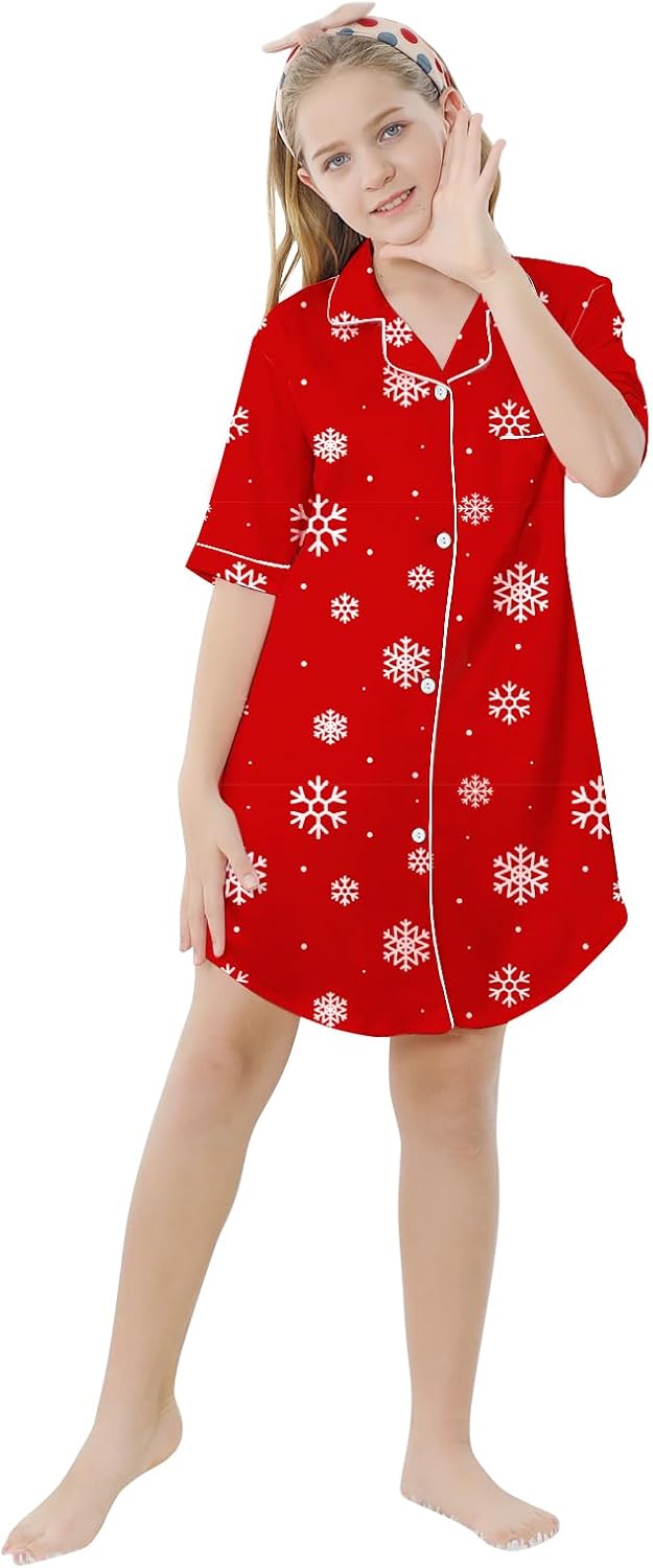 Schbbbta Girls & Women Silk Nightgown, Short Sleeve Button Down Satin Nightshirt Pajama House Dress, 3 Years- Women 2XL - Image 2