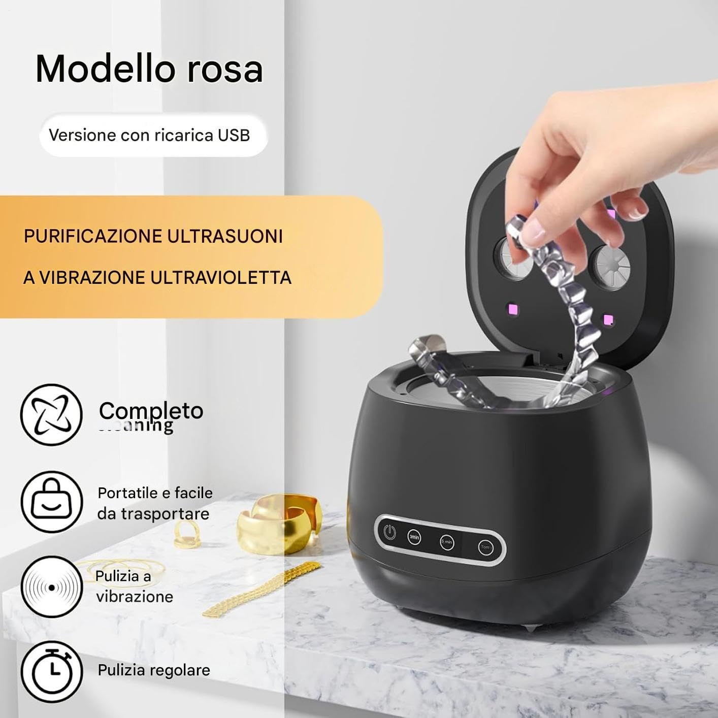 Pulitore Dentiere | Pulitore per Cinturini da Orologio 52kHz - Dispositivo | Pulizia Ritenzioni UV Ultrasonico Per Adulti Bambini Viaggio Allineatori Bite Dentiere Gioielli Casa