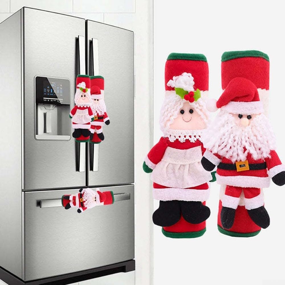 DAZZLEEX 2 Pcs Red Handle Covers Xmas Refrigerator Oven Microwave Door Handle Cute Snowman Kitchen Christmas Decoration