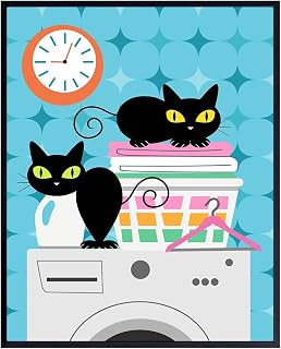 Mid-century modern Laundry room Decor - Cute Cat Wall Art & Decor - Small Laundry room Sign - Blue Minimalist Home Decor - funny Cat Stuff Mid Century Wall Art - Vintage Retro Wall Art- Kitty Wall Decor Print