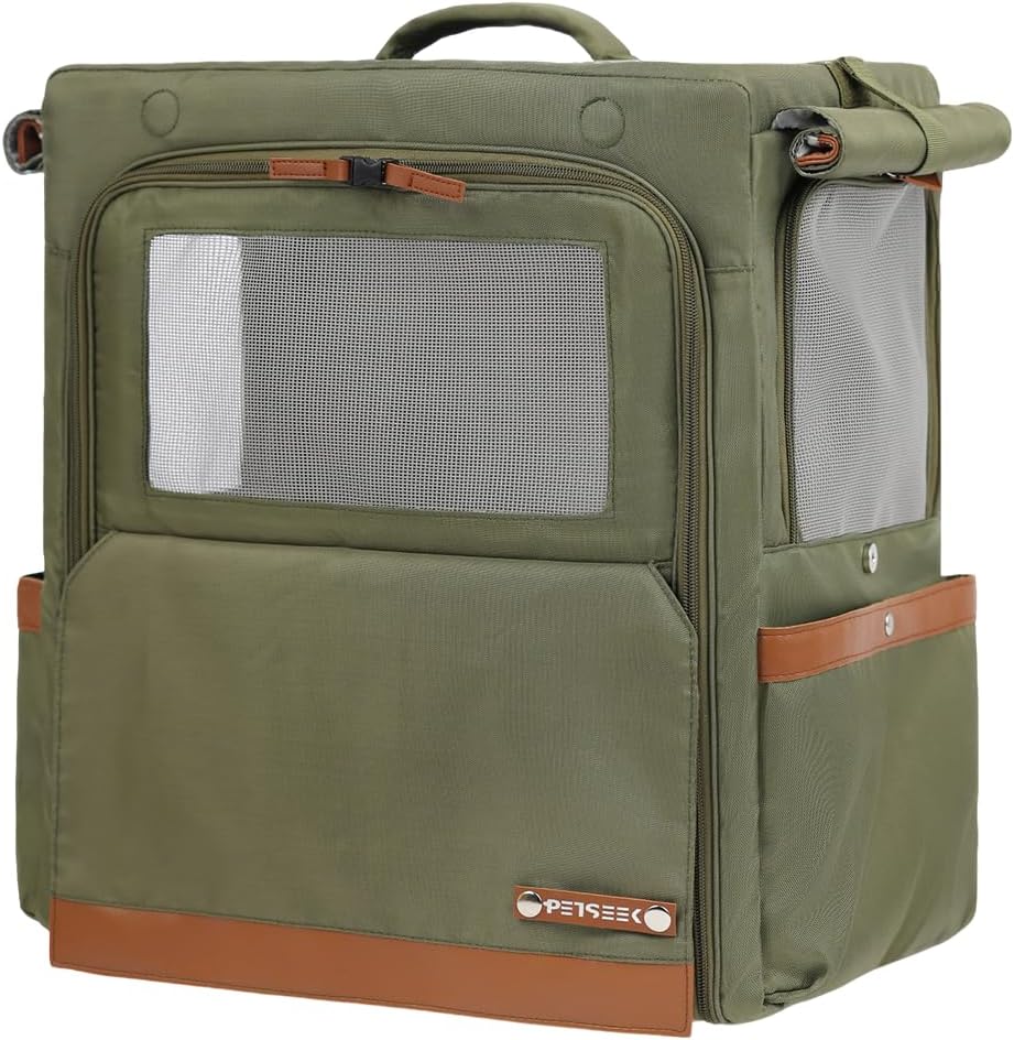 Cat Backpack Carrier for Large Cats, Shaded Waterproof Small Dog Backpack with Breathable Mesh, Soft Side Safety Pet Backpack for Hiking, Travel, Outdoor (Green)