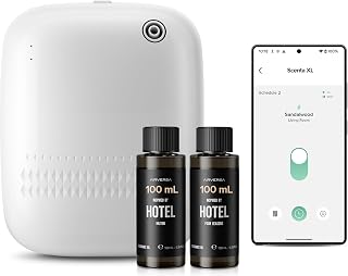 Smart Waterless Essential Oil Diffuser (400 mL Capacity) Starter Kit with 200mL Hotel Scent Fragrance Oils, Up to 2000 sq ft App Control Scent Air Machine with 12V1A Power Adapter, ANW Kit White