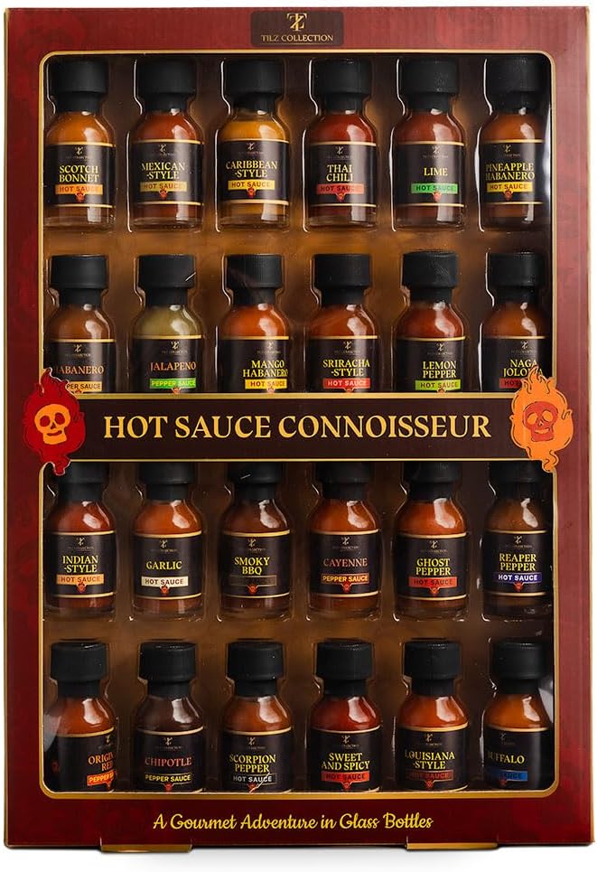 Tilz, Hot Sauce Gift Set - 24 Chilli Sauce Gift Set |Christmas Food Gifts For Men Women, Cayenne, ⁠Sriracha, ⁠Scotch Bonne, ⁠BBQ, Chipotle|Hot Sauce Sets, Christmas Gifts, Xmas, Birthday Present Vegan
