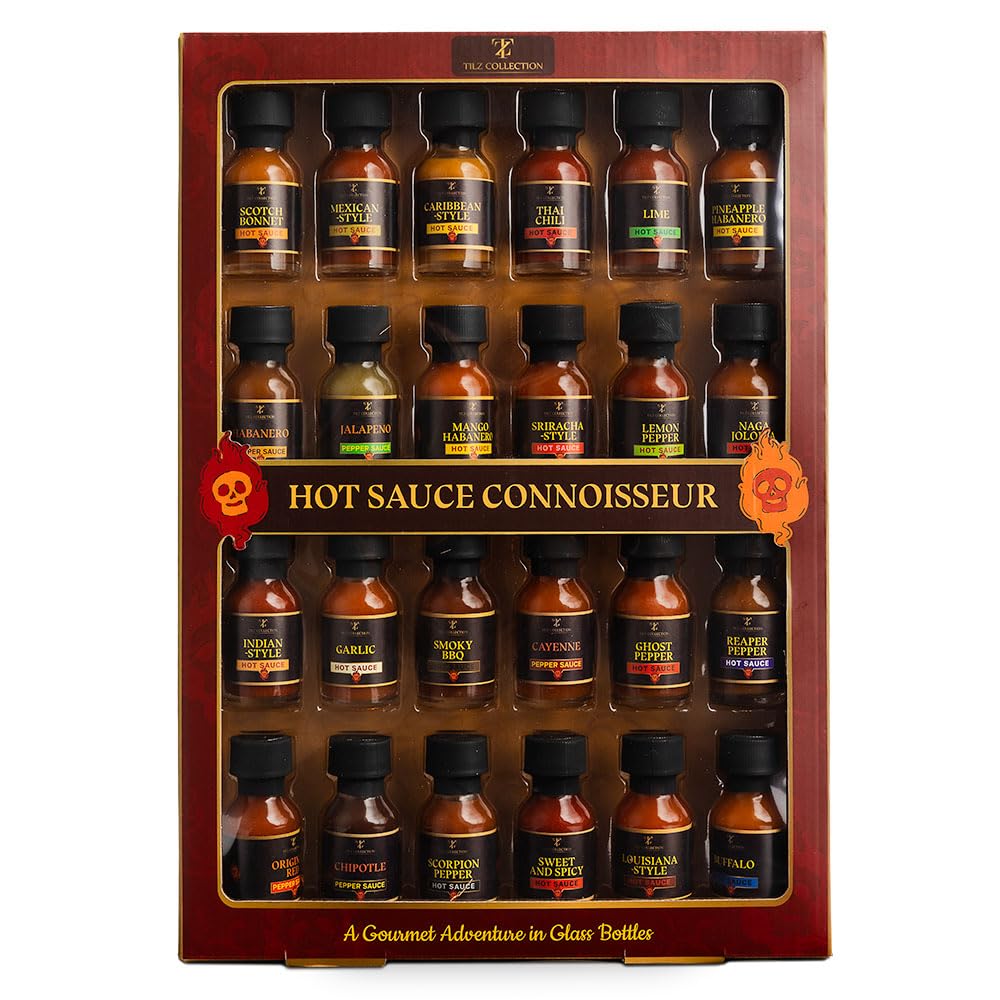 Tilz, Hot Sauce Gift Sets |24 Hot Sauce Bottles, Sampler, Chilli Sauce, Food Gifts For Men |Sriracha, Jalapenos, Garlic, Cayenne Pepper, ⁠Scotch Bonne, ⁠BBQ, Chipotle |Christmas Gifts Men, Women