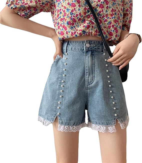 Amazon Ksila デニムパンツ レディース ジーンズ レース パール 短パン ジーパン 半ズボン デニム ショートパンツ ホットパンツ ワイドパンツ ストレート パンツ デニム ハイウエスト 韓国 ファッション 美脚 夏 ショートパンツ 通販