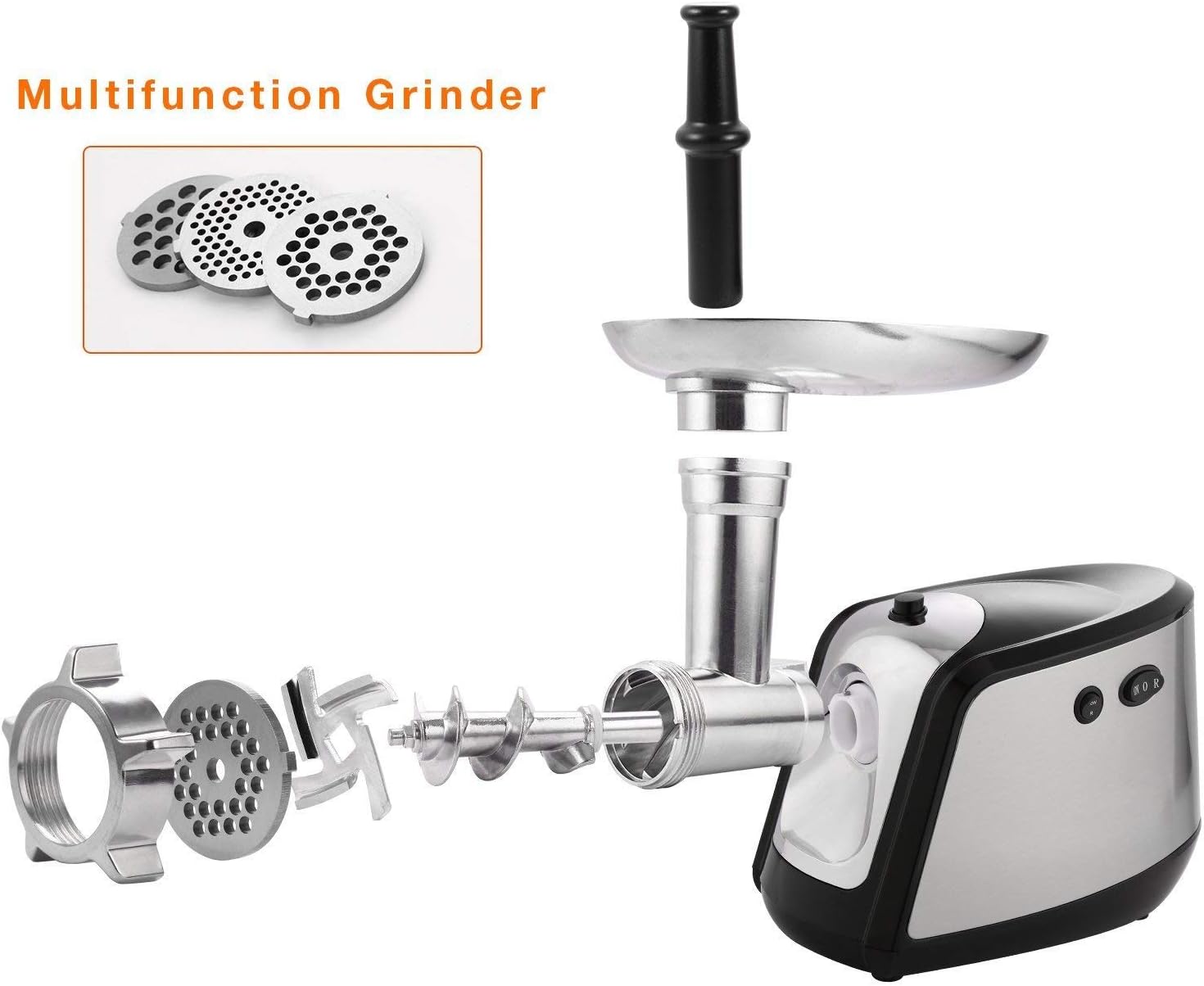 Electric Meat Grinder, 2000W(Max), Sausage Maker, Meat Mincer with 3 Grinding Plates and Sausage Stuffing Tubes Kit for Home Use &Commercial, Silver/Stainless Steel