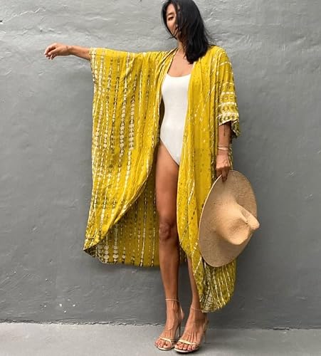 Beach Kimonos For Women Swimsuit Cover Up Cotton Coverup Plus Size Bathing Suit Cover Ups For Swimwear Women Lightweight Kimono Robe Women Front Open Yellow Tie Dye Kimonos Hawaiian(Jh-732-14 Yellow) #TOP6