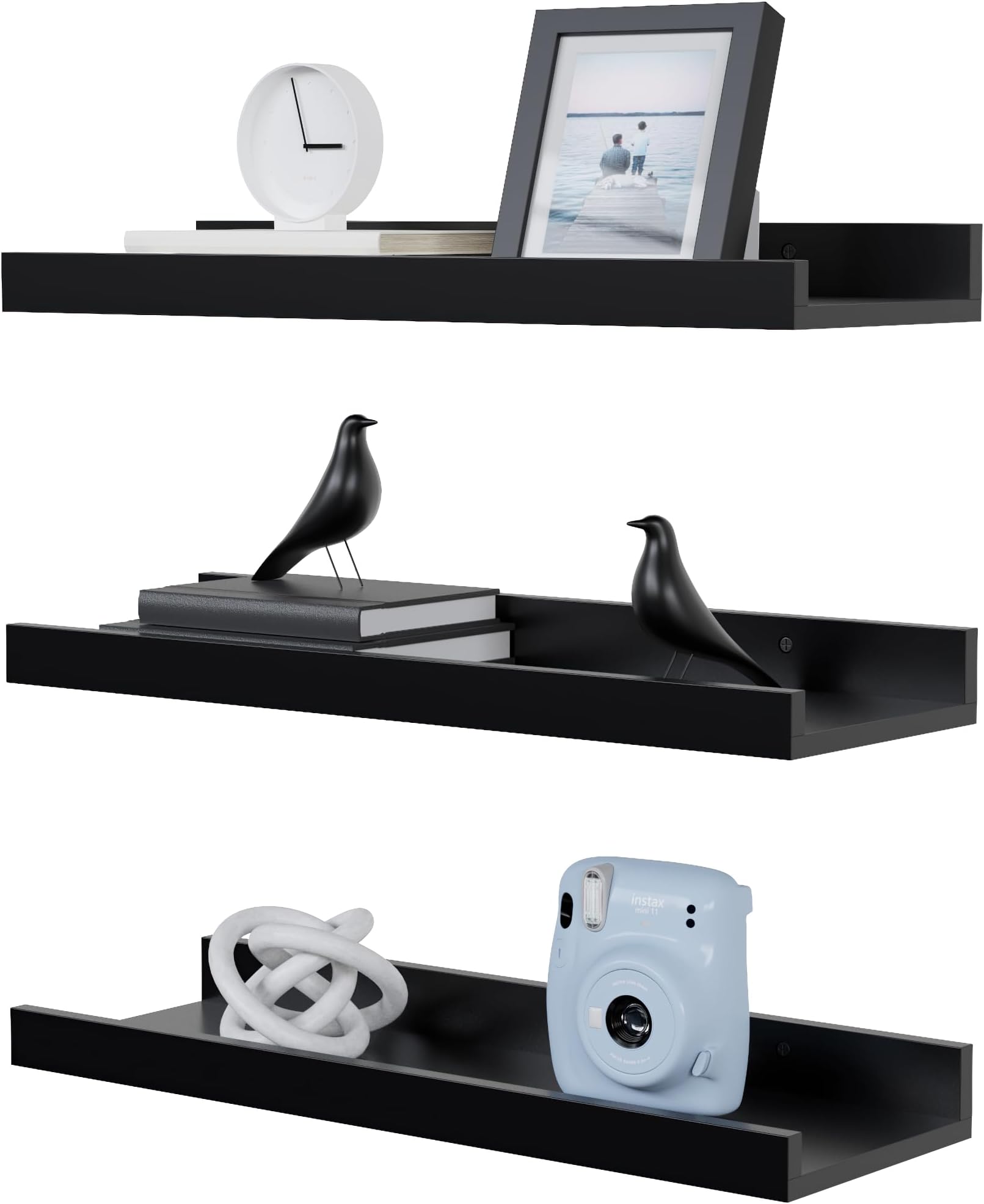 Modern Shelves Set of 3, Black Wall Mount, Heavy Duty Engineered Wood, Floating Shelves for Living Room, Bedroom, Nursery, Bathroom, Pictures, Books, Plants
