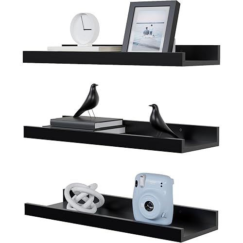 DOLLFIO Floating Shelves Set of 3, Black Wall Shelves with Lip, Shelves for Wall Decor, Modern Picture Ledge for Living Room, Bedroom, Nursery, Bathroom, Pictures, Books, Plants- Modern Black
